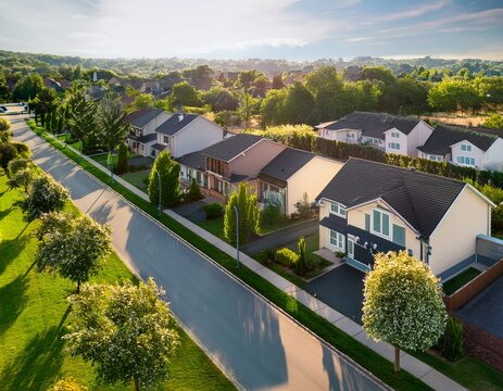 suburban landscape suburban area with nice houses trees lawns and road beautiful suburban street with residential houses for design