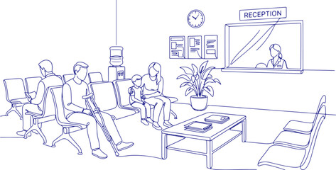 Fototapeta premium Continuous Line Art Hospital Waiting Room Lobby Scene Black and White Illustration
