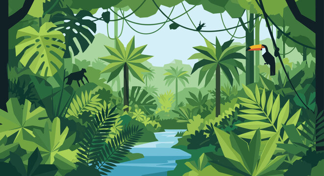 Lush tropical jungle illustration featuring exotic plants, a flowing blue river, a toucan perched on a branch, and a monkey silhouette.