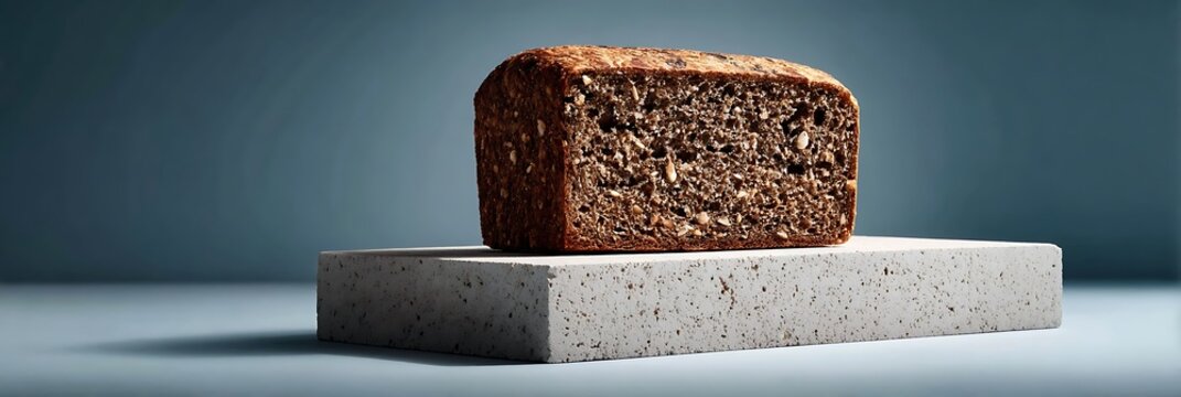 Artisan whole grain rye bread loaf with visible seeds and grains, presented on a minimalist concrete block against a deep blue backdrop