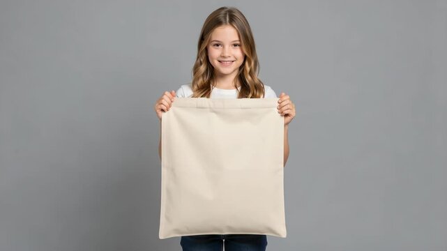 Young girl holds beige canvas bag. Smiling, she presents the item. Neutral background provides clean focus. Perfect for product or branding use. Simple, bright, and approachable scene