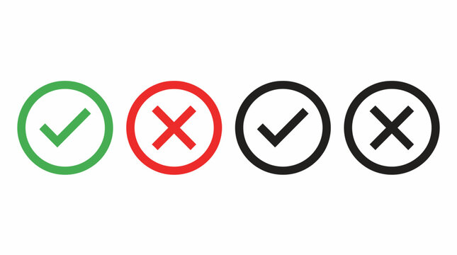 Four circular icons with check marks and crosses in green, red, and black colors.