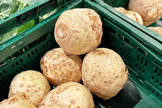 Celery root vegetables stacked in crates after harvest. Fresh celeriac produce for cooking and nutrition. Natural food background with agricultural farming and market supply.