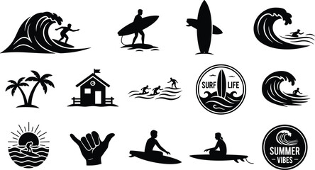 Surfing and beach lifestyle icon collection showing waves, surfboards, surfers, palm trees, sun, and summer vibes concept for ocean adventure design © MSTMISLA