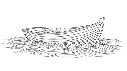 A 2D AutoCAD Vector illustration of a small wooden boat floating on calm waters near a serene landscape © Stock Image Paradise