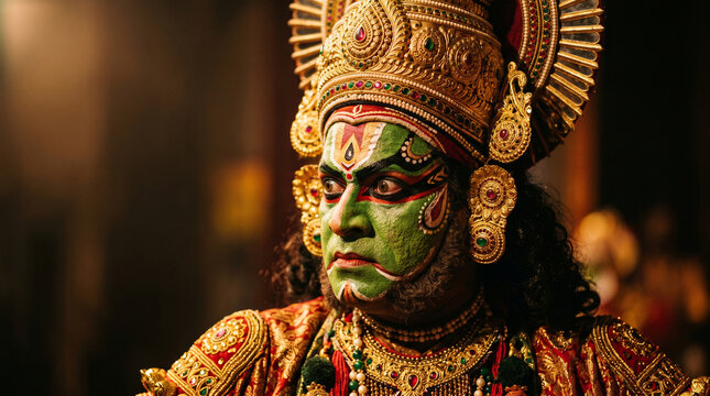 Kathakali classical dancer portrait with traditional green makeup