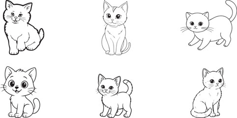Obraz premium Vector cat icons, black and white kitten illustrations, cute feline line art, 6 kitty graphics