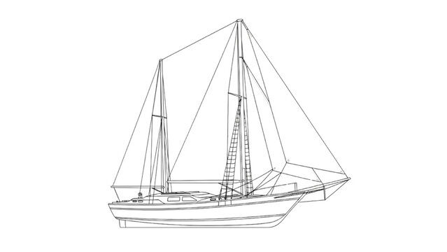 Sailing yacht rendered in 2D AutoCAD Vector illustration on clear background