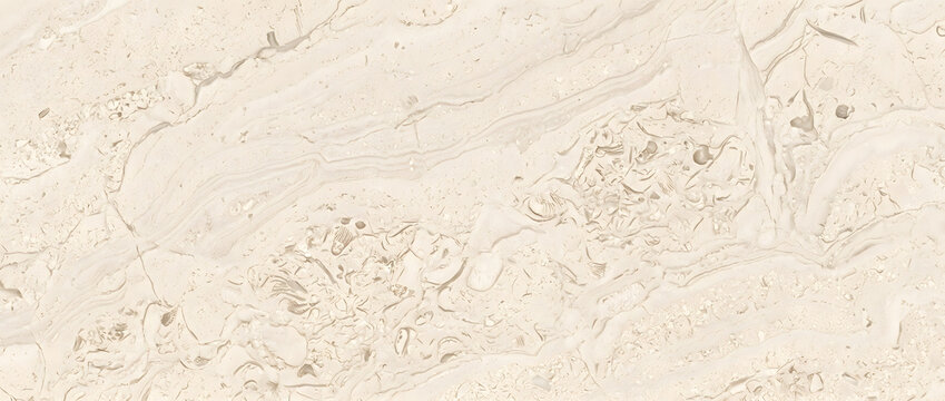 Marble backdrop displays a luxury beige travertine texture filled with organic fossils and natural veins