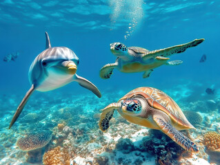 Obraz premium A Dolphin and Sea Turtle Underwater portrait close up