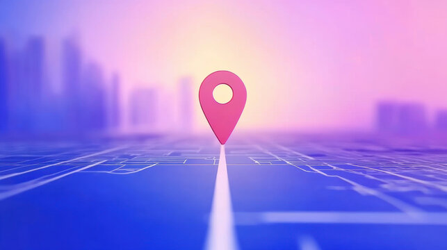 Red map pin on road to modern big city.