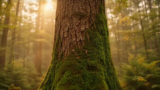 Cinematic rainforest macro background moss tree trunk texture sunlight forest nature green bark focus peaceful atmosphere woodland scene tranquil morning light lush fern root moist soil haze sunbeam
