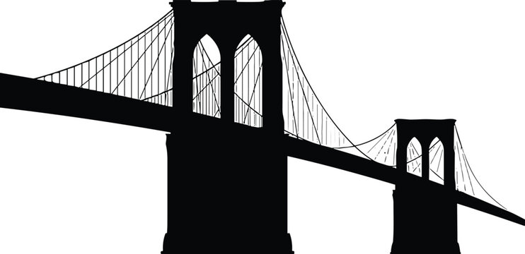 Suspension bridge silhouette, Brooklyn style vector art, architectural landmark illustration, urban design icons, black graphic cityscape artwork elements