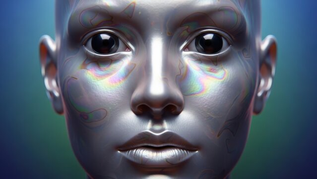 Silver metallic female face featuring iridescent rainbow surface textures.