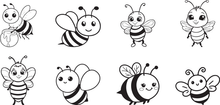 Cute cartoon bee characters, black and white illustrations, insect icons, vector graphics