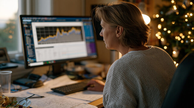 Over the shoulder view of an isolation psychology researcher reviewing months of longitudinal data from Antarctic winter-over crew members on a cluttered monitor, handwritten annotations covering pr