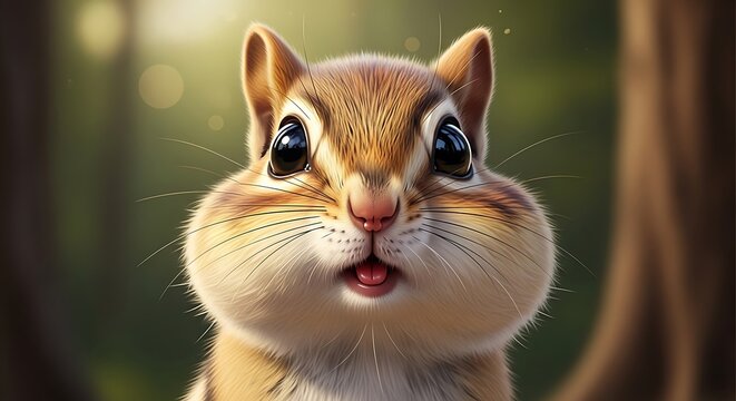 Extreme closeup portrait of a chipmunk with stuffed cheeks in a forest.