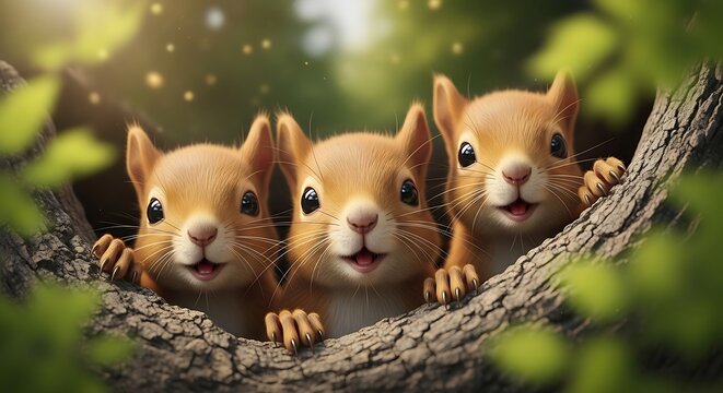 Three cute baby squirrels peeking out of tree hollow in sunlit forest habitat.