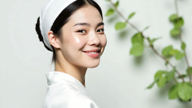Soft-lit portrait of calm, elegant woman. Hair neatly tied back with white headband. White garment drapes gently over shoulders. Fresh green leaves add natural, serene backdrop