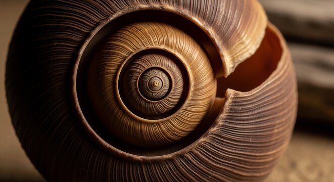 Closeup of a brown snail shell with spiral ridges and a broken lip