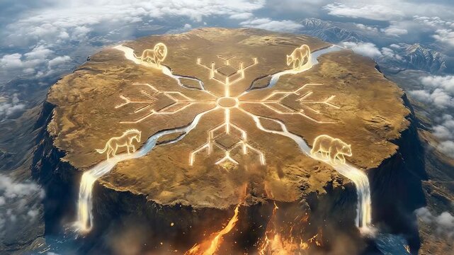 Divine creation of animals on floating island above clouds. Biblical Genesis concept with glowing celestial beings flowing into rivers. Earth origin and mythology.