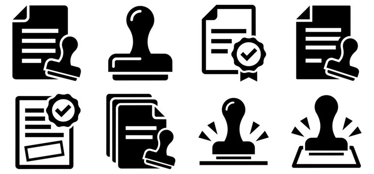Official document, rubber stamp, and approval seal vector icon set