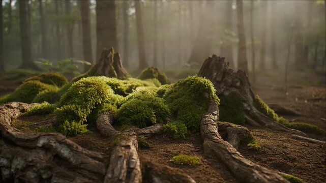 Cinematic rainforest macro background of moss covered root stump on forest floor with misty light atmosphere lush green woodland landscape detail texture depth soft focus serene fantasy