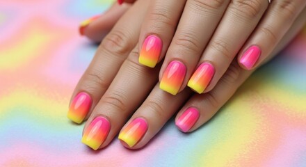 Closeup of manicured hands with vibrant pink and yellow ombre nails © Nahid_desinger