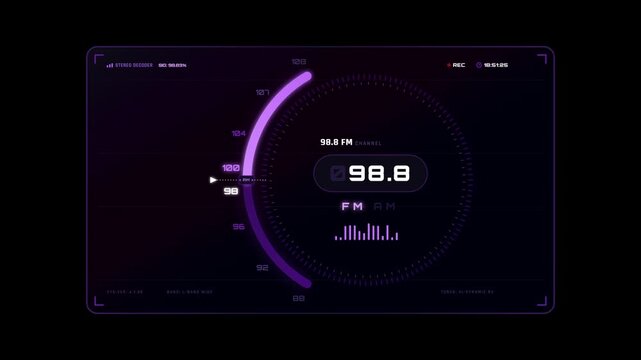 Animated radio frequency tuner interface with purple neon lights