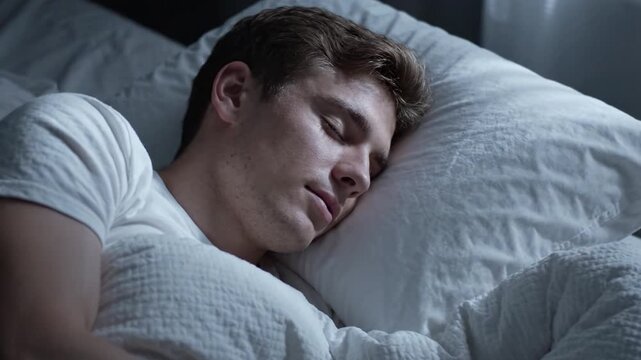 A Peaceful Night's Sleep: Capturing the Tranquility of Rest as a Young Man Enjoys a Deep Slumber Amid Soft Pillows and Cozy Blankets in a Dimly Lit Room