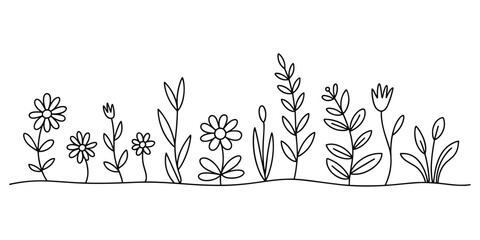Naklejka premium Black outline of wild herbs and flowers. a beautiful line art design elements on white background