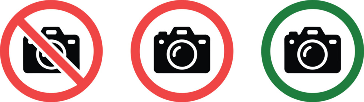 No photography, warning sign, restricted camera and phone prohibition symbol with red and green circular icons for safety rules and access control signage.