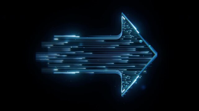 Neon arrow icon with glowing blue digital shape and motion effects. Suitable for technology and futuristic design concepts.