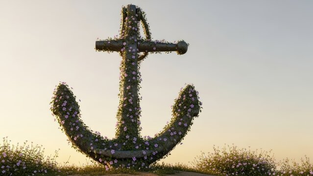 Rusty maritime anchor overtaken by growing pink flower vines.