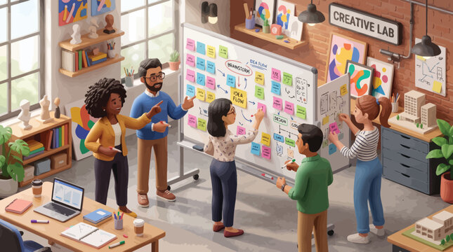 Diverse team brainstorming and planning in a creative lab with colorful sticky notes on a whiteboard