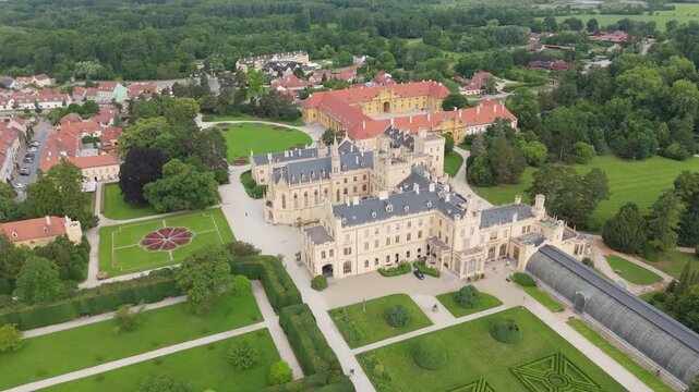 Lednice Palace Side View Aerial Pull Back, Czech Republic