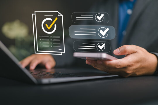 Businessman managing and using smartphone approval checklist and task review system for operational efficiency, workflow planning, and business process management.