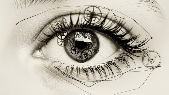 Close female eye containing tiny mechanical clockwork gear wheels.