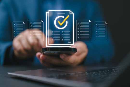 Regulatory and compliance concepts, corporate governance documents, and the use of smartphones and digital files by businessman, with a checkbox list displayed on a virtual screen.