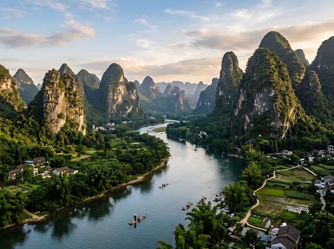 A picturesque natural landscape with a river winding through lush green karst mountains under a beautiful sunset sky