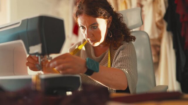 Focused seamstress threading a sewing machine needle