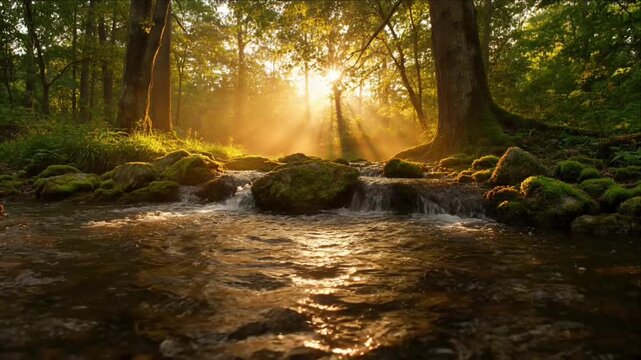 Cinematic rainforest macro background with river sunlight forest moss stone tree and fern stream water serene atmosphere lush nature waterfall creek tranquil water flow warm sunbeam lush green