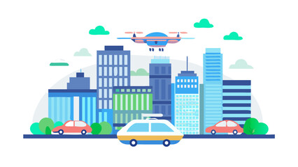 Obraz premium City skyline with drone flying overhead