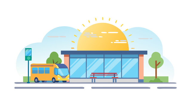 Colorful school bus driving past a bus stop at sunrise
