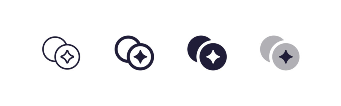 AI Interface Money Coin Vector Icon in 4 States. Artificial Intelligence Token Generation and Smart Payment Credit, Thin and Regular Line, Filled Solid and Duo Color Shapes, 48x48 Pixel Perfect UI UX