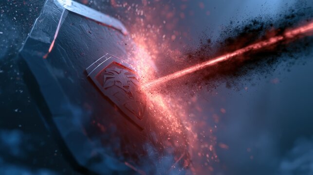 Epic 3d render of a giant metallic shield with a glowing lion emblem halting a massive laser of dark energy