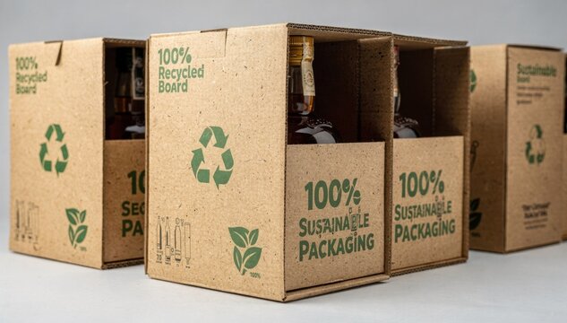 Medium shot featuring spirits encased in sturdy recycled board cartons emphasizing durability and recycled content with clear environmental messaging.