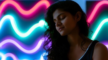 Naklejka premium Dynamic neon waves create a sense of deep calmness with vibrant light and complementary background colors
