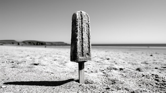誰もいない砂浜に突き刺さった溶けかけのアイスキャンディー