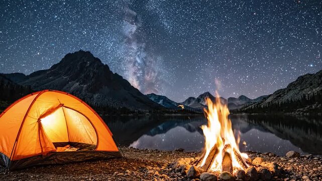 Captivating Night Under the Stars: A Serene Camping Experience with an Illuminated Tent and a Warm Campfire Reflecting on a Calm Lake
